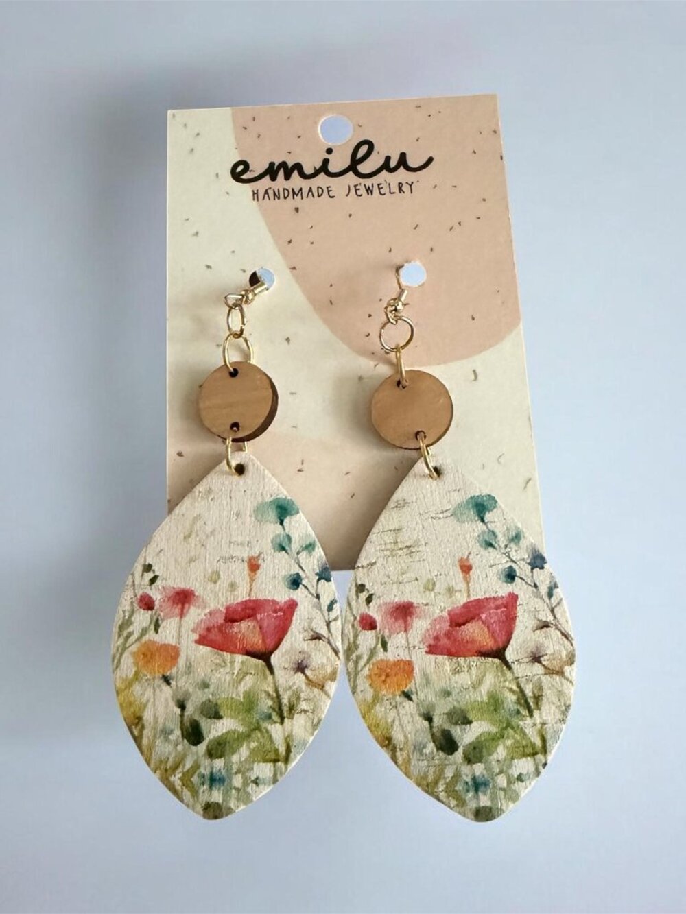 Handmade Floral Leather Dangle Earrings Boho Watercolor Botanical Poppies